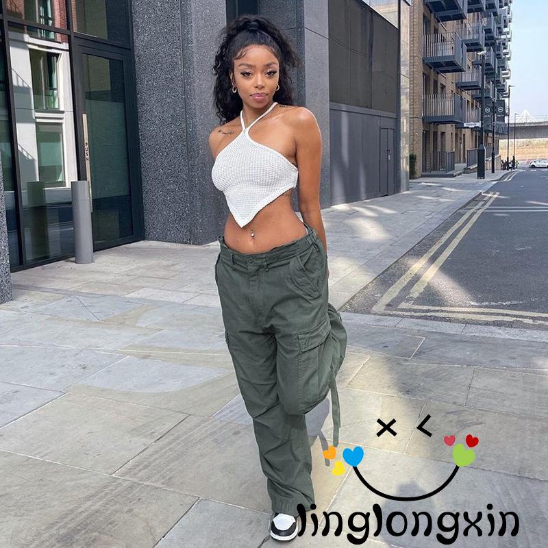 Quần Baggy Ống Rộng Lưng Thấp Màu Trơn Phong Cách Vintage Linglongxi2 Có Túi Dành Cho Nữ / Đen / Xanh Lá / Hồng