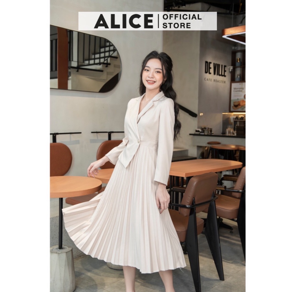 Váy Công Sở Xếp Ly Cổ Vest ALICE V713, Thiết Kế Tôn Dáng Váy Xếp Ly Sang Xịn Mịn
