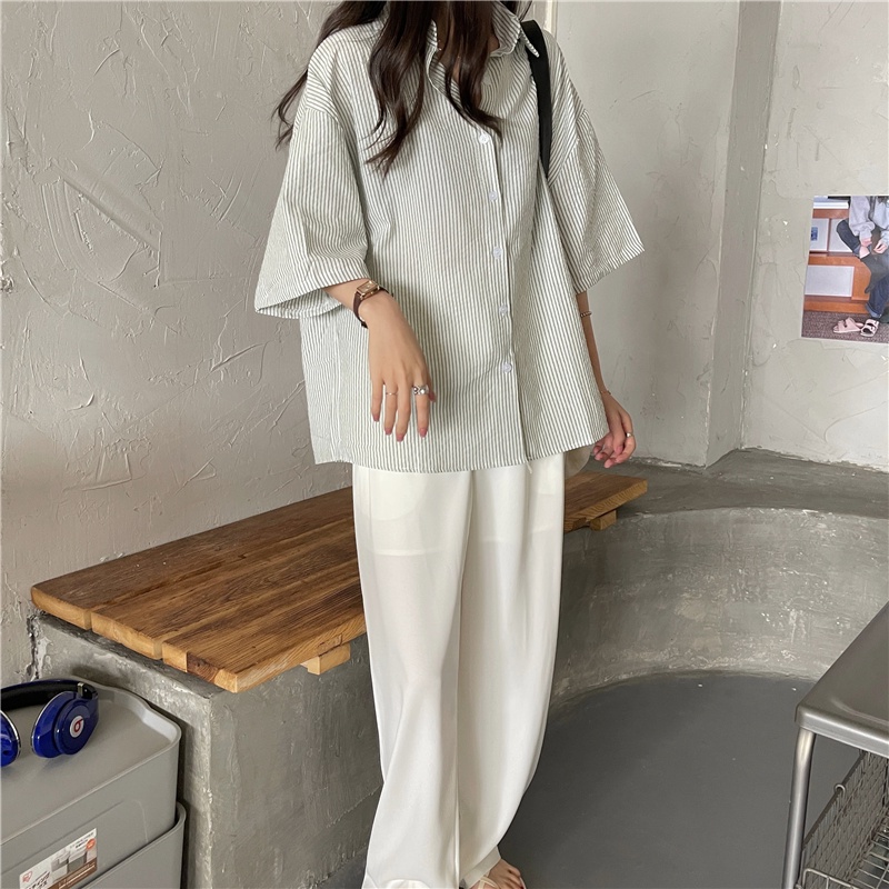 Xiaozhainv Áo Sơ Mi Tay Ngắn Dáng Rộng Họa Tiết Kẻ Sọc Thời Trang Mùa Hè Cho Học Sinh