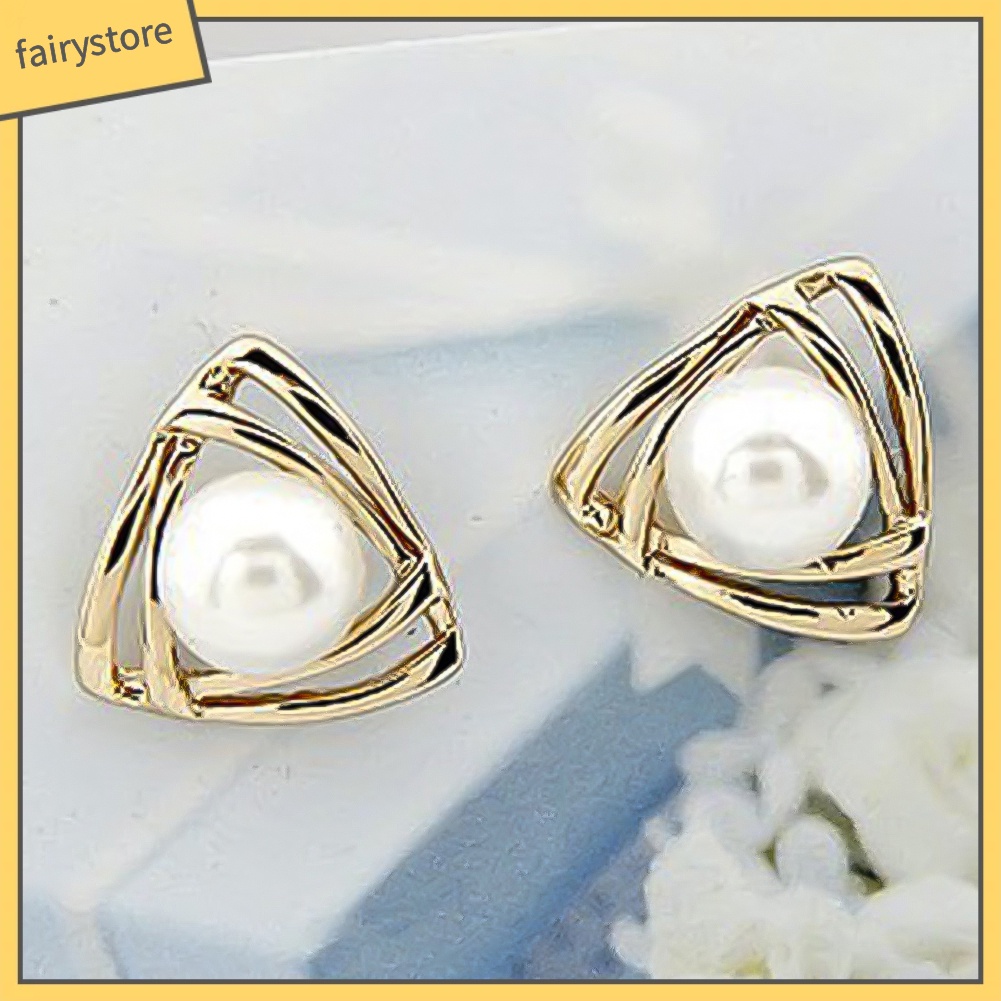 Khuyên tai mặt hình tam giác đính hạt ngọc trai nhân tạo thời trang cho nữ