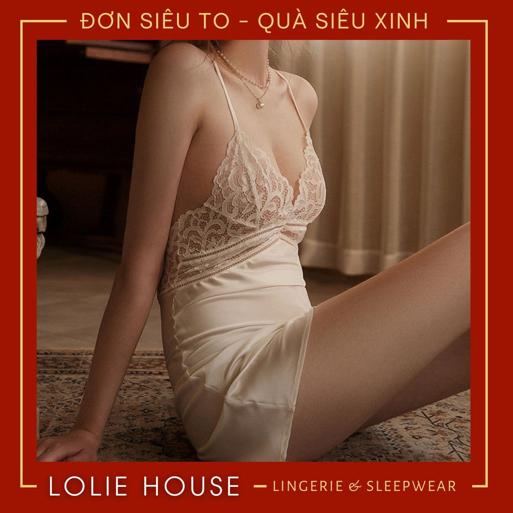 Váy ngủ có kèm áo choàng lụa cao cấp 2 dây phối ren sexy dành cho nữ LOLIE HOUSE - VN19