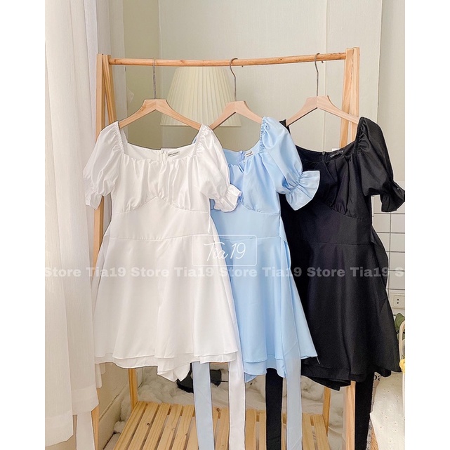 Váy babydoll cổ vuông tầng xếp ly Tia19. Đầm trễ vai ulzzang dáng xoè