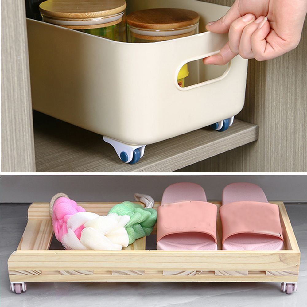 Bộ 4 bánh xe thu nhỏ cứng tự dính không trầy xước dùng để gắn dưới thùng tủ hỗ trợ di chuyển đồ vật