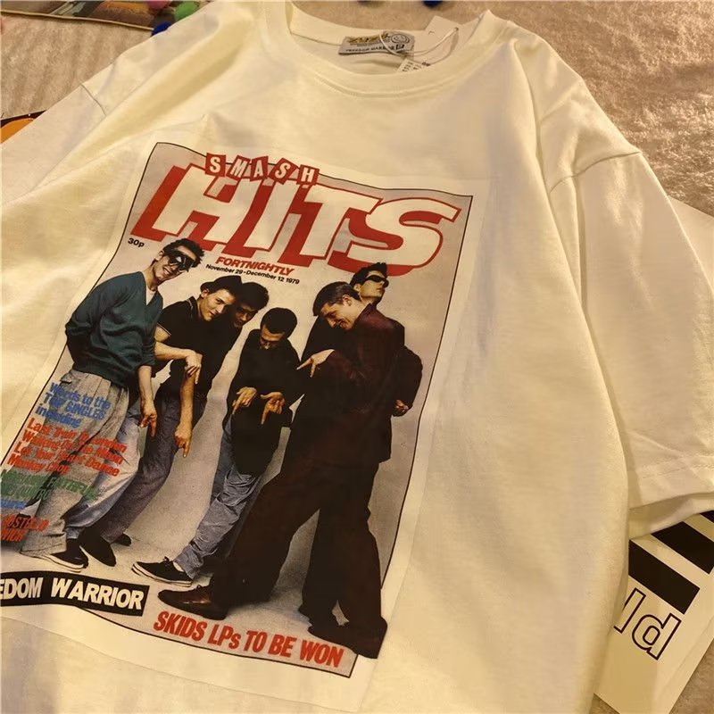 Áo Thun Ngắn Tay Cổ Tròn Dáng Rộng In Hình Phong Cách Retro Mỹ Giản Dị Dành Cho Nữ Và Nam