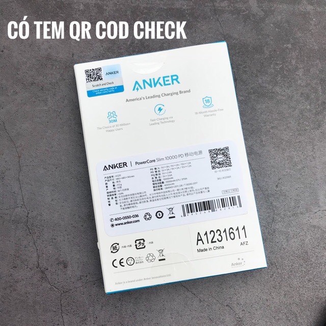 Sạc Dự Phòng Anker PowerCore Slim PD 10000mAh-A1231-Tích Hợp Cổng USB Type-C In/Out Hỗ Trợ Power Delivery PD-Chính Hãng