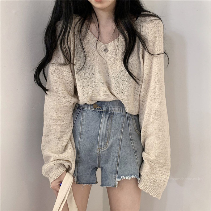 Áo Sweater Tay Dài Dáng Rộng Cổ Chữ V Đáng Yêu Hợp Thời Trang Cho Nữ