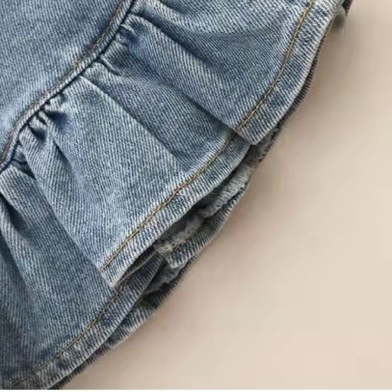 Bộ Áo Tay Phồng Phối Chân váy jean Viền Bèo Thời Trang Mùa Hè Cho Bé Gái
