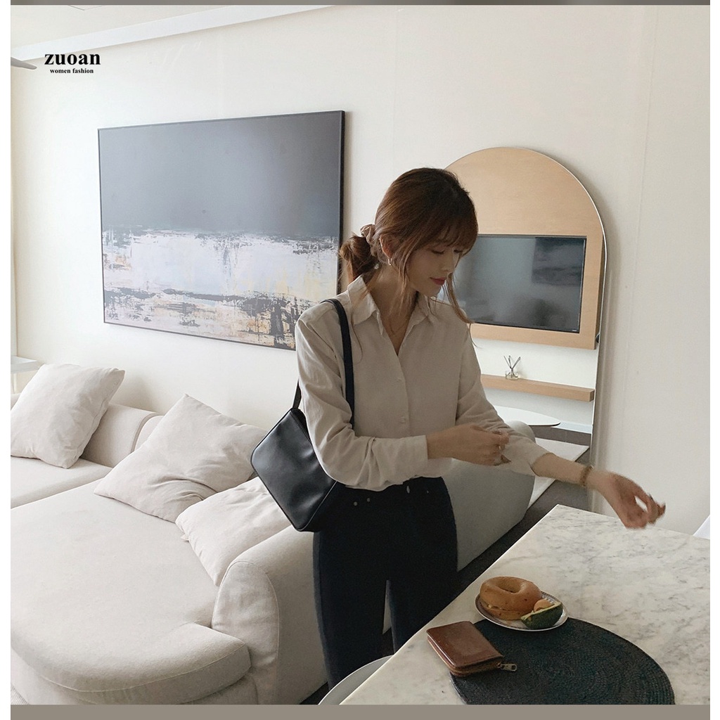 Áo sơ mi SUXI tay dài màu trơn đơn giản phong cách Hàn Quốc cho nữ