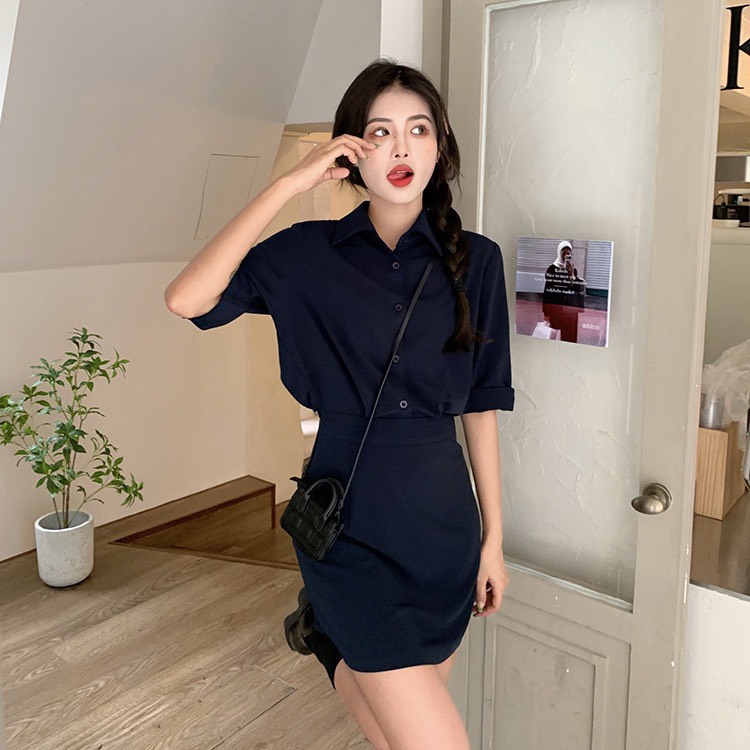 Váy đầm cổ sơ mi liền mảnh mặc công sở phong cách Hàn Quốc MS102