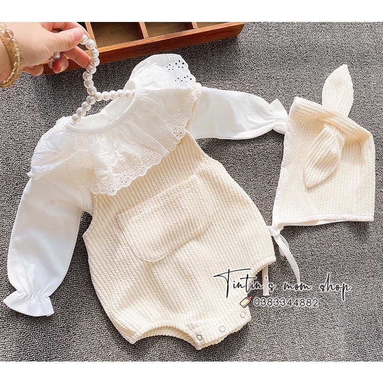 Set body yếm nhung kèm áo bèo trắng và mũ tai thỏ cho bé gái 3-24M