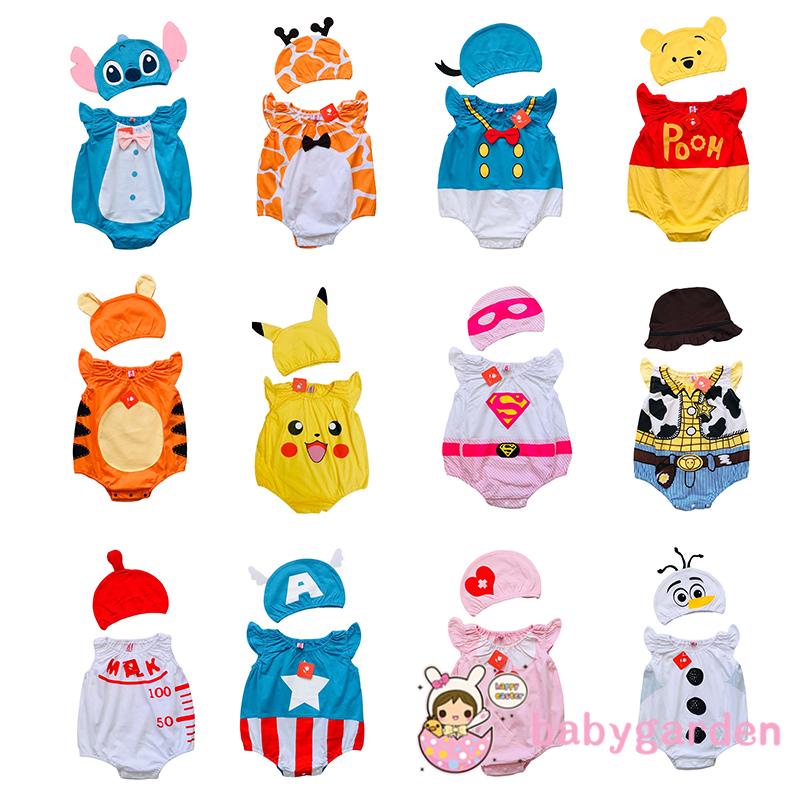 Babygarden-unisex Áo Liền Quần Cổ Tròn Tay Bay Ghép Nối Phong Cách Động Vật Hoạt Hình Mùa Hè