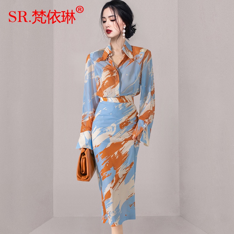 Bộ Áo Sơ Mi Tay Dài + Chân Váy Lưng Cao In Họa Tiết Phong Cách Hàn Quốc Thời Trang Xuân Thu Mới 2022