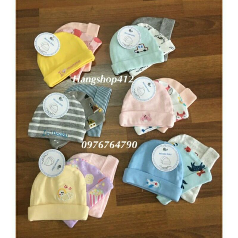 Mũ cotton 2 lớp cho bé 0-3 tháng(set 3 mũ)