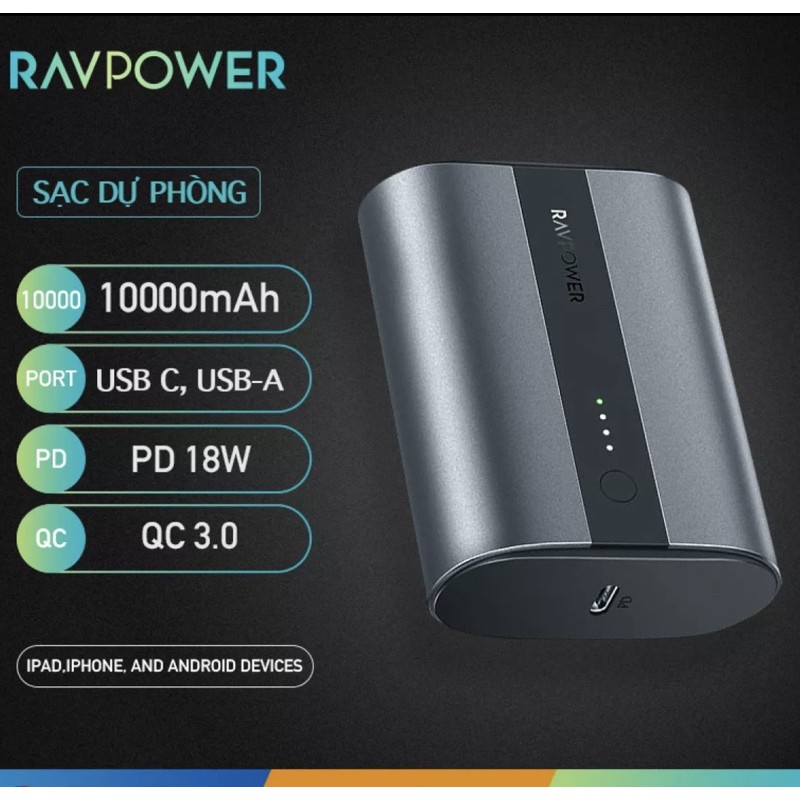 Pin sạc dự phòng Super Mini, thân NHÔM RavPOWER RP-PB197 10000mAh PD 3.0 18W & QC 3.0 18W