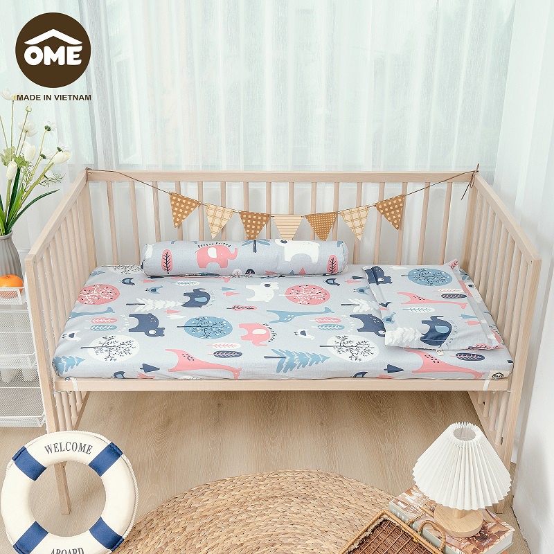 Bộ ga gối bọc đệm cũi Ôme 100% Cotton 3D Hàn Quốc phủ lụa