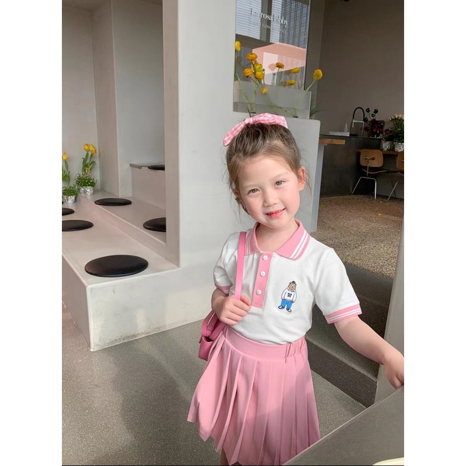 Đồng phục học sinh, váy cho bé gái, set áo polo kèm chân váy hồng xinh xắn cho bé size 12-32kg ( váy có lớp lót)