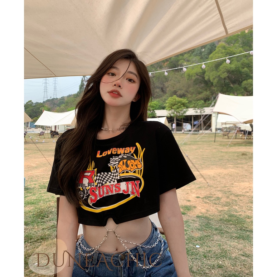 DUNEA Áo Thun Tay Ngắn Màu Đen Phối Dây Xích Phong Cách Retro Cho Nữ