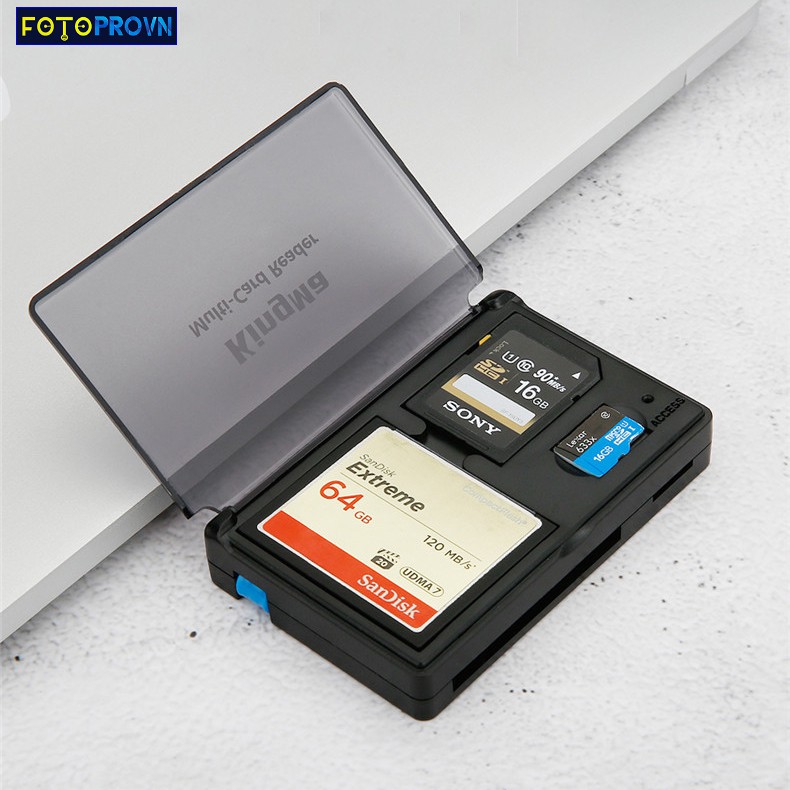 Đầu đọc thẻ nhớ SD,Micro SD,TF,CF cổng USB 3.0 có tích hợp hộp đựng thẻ hàng chính hãng Kingma