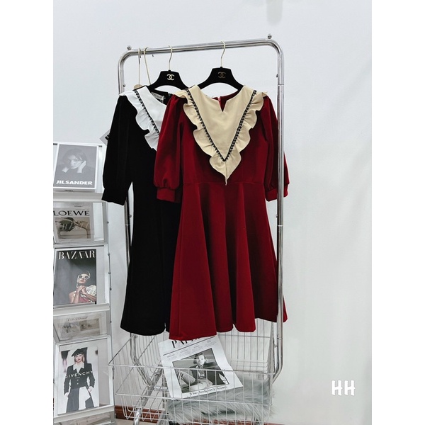 Váy Nhung Đỏ Cổ Bèo Cao Cấp | BigBuy360 - bigbuy360.vn