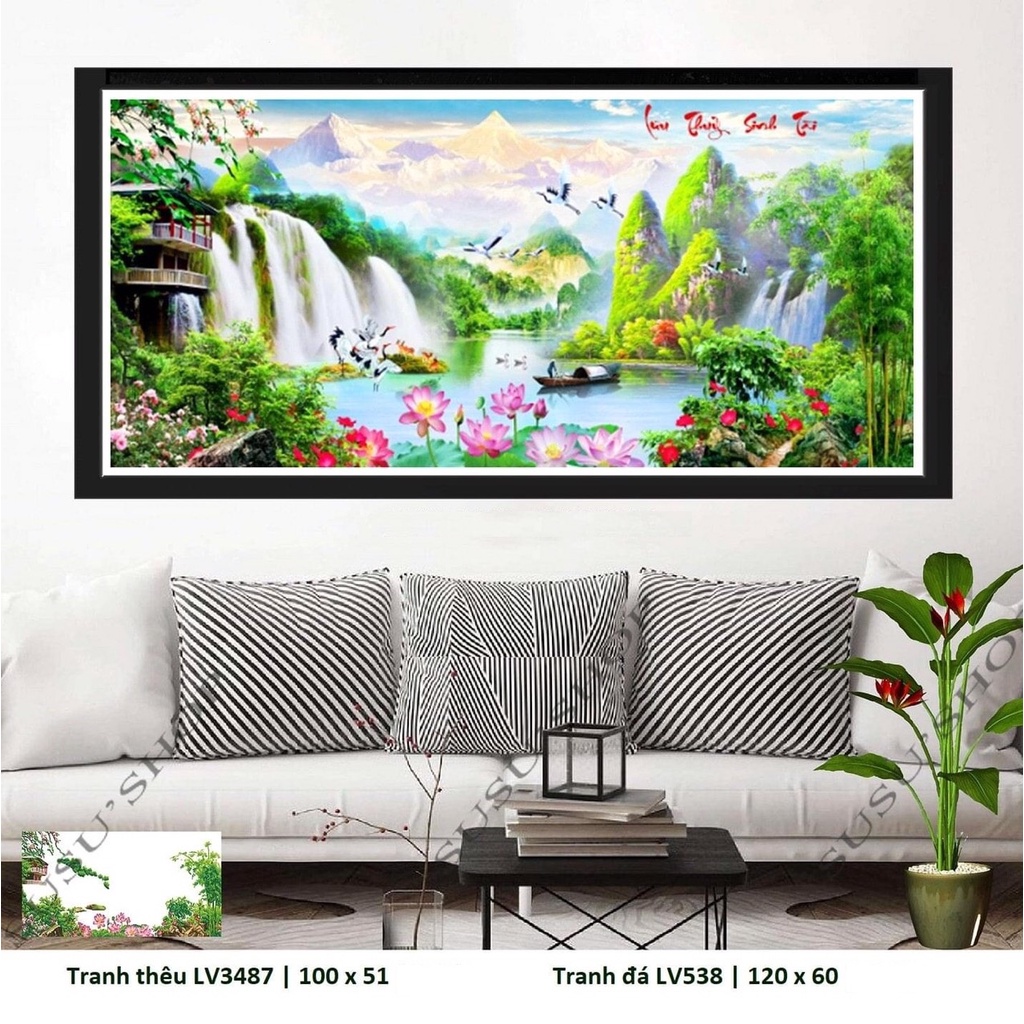 Tranh đính đá phong cảnh non nước hữu tình KT:120x60cm. tranh gắn đá chưa gắn.
