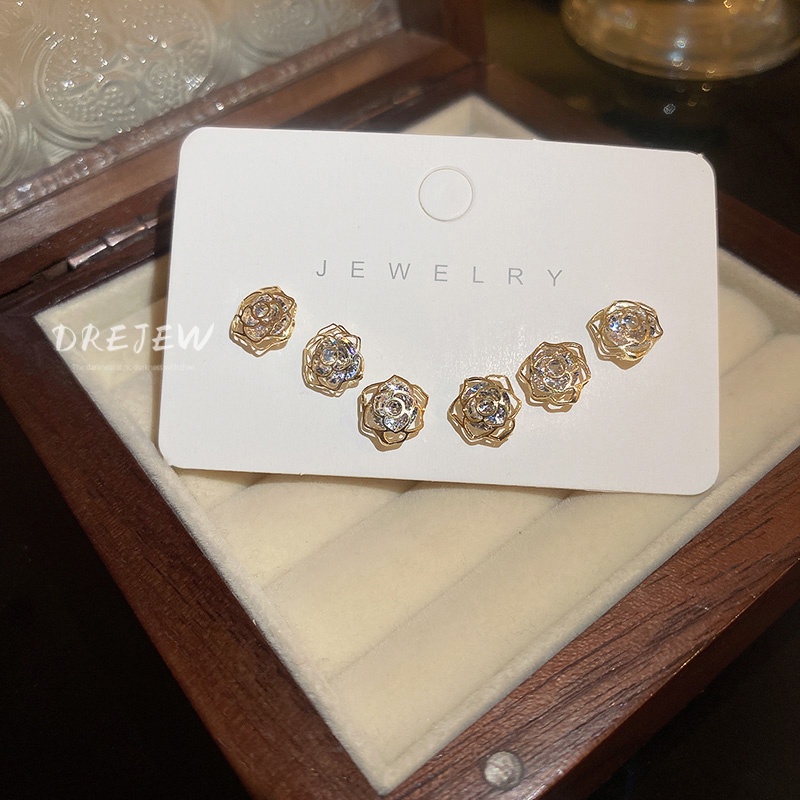 DREJEW Set 6 khuyên tai kiểu bông hoa đính đá zircon thời trang Hàn Quốc dành cho nữ