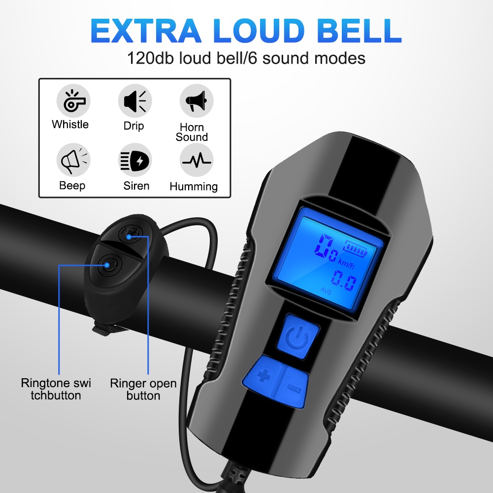 Bộ đèn pha LED USB tích hợp còi và đồng hồ đo tốc độ cho xe đạp leo núi