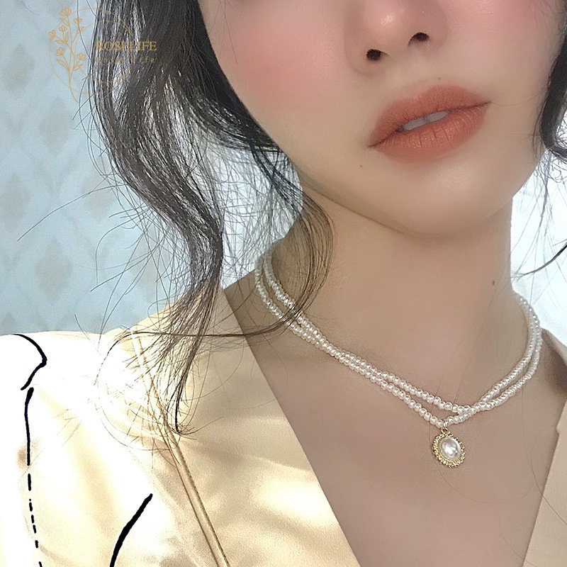 Vòng cổ Ngắn Hai Lớp Đính Hạt Ngọc Trai Phong Cách Baroque Cổ Điển Dành Cho Nữ