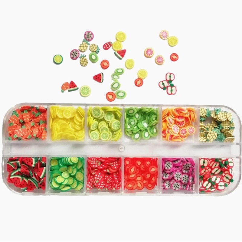 Hộp phụ kiện đất sét mềm trang trí nghệ thuật móng tay 3D họa tiết hoa trái cây/ nho chanh Pitaya