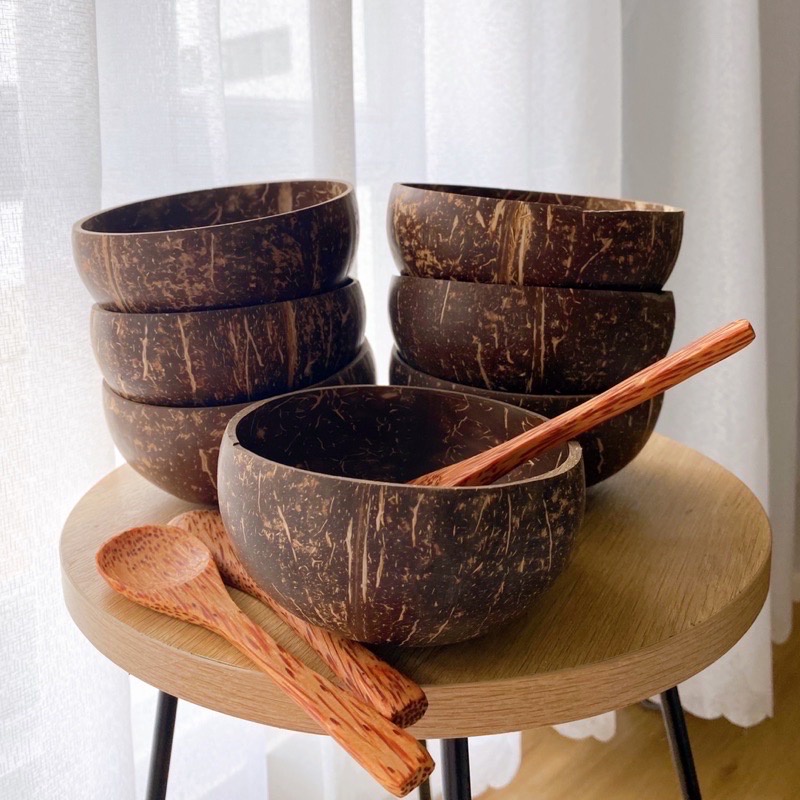 1 Chén + 1 Muỗng Dừa Bến Tre Cao Cấp - Sản Phẩm Thủ Công Dùng Dắp Nạ, Ăn Hạt Ngũ Cốc Granola