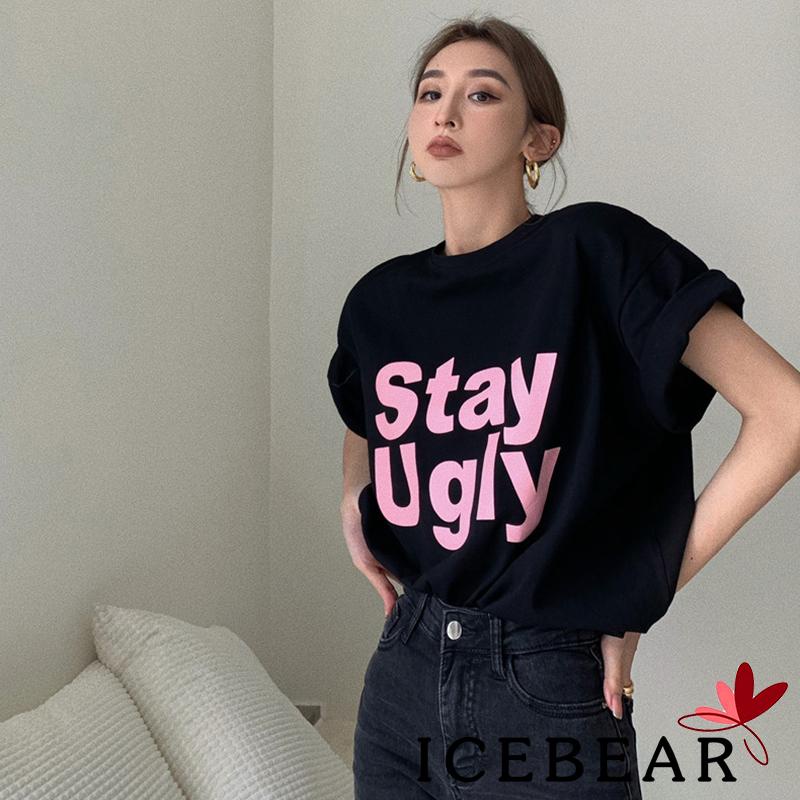 ICE-Women´s Short Sleeve T-shirts Letter Print Loose Casual Pullover Tops Blouse Streetwear