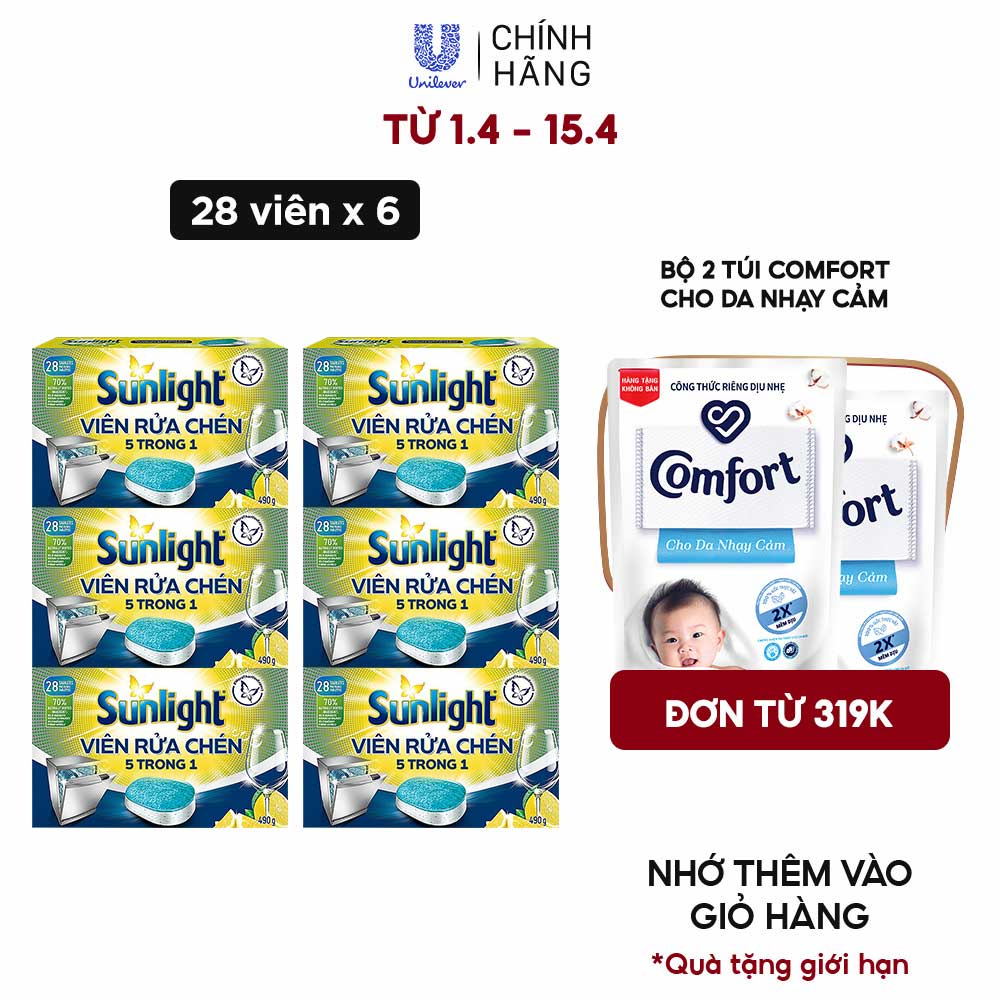 Combo 6 Hộp Viên Rửa Chén Sunlight 5 in 1 Dành Cho Máy Rửa Chén (28 Viên/Hộp)