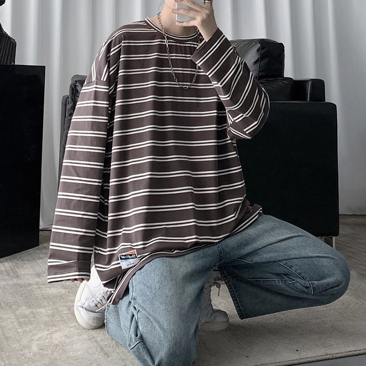 Áo thun dài tay kẻ ngang form rộng 5 màu size M đến 2XL