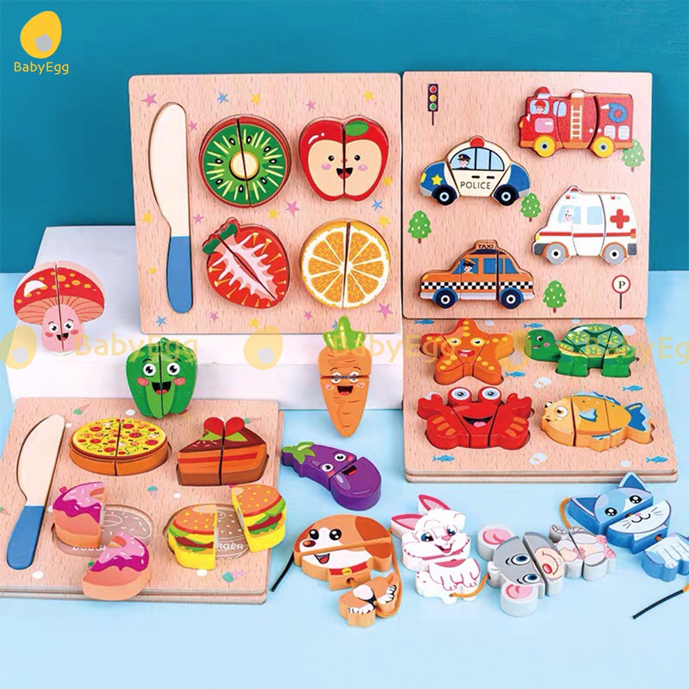 Bộ đồ chơi gỗ tranh ghép xếp hình 3D bằng gỗ lắp ráp montessori cắt củ quả xâu dây cho trẻ bé trai gái 2 3 4 tuổi babyeg