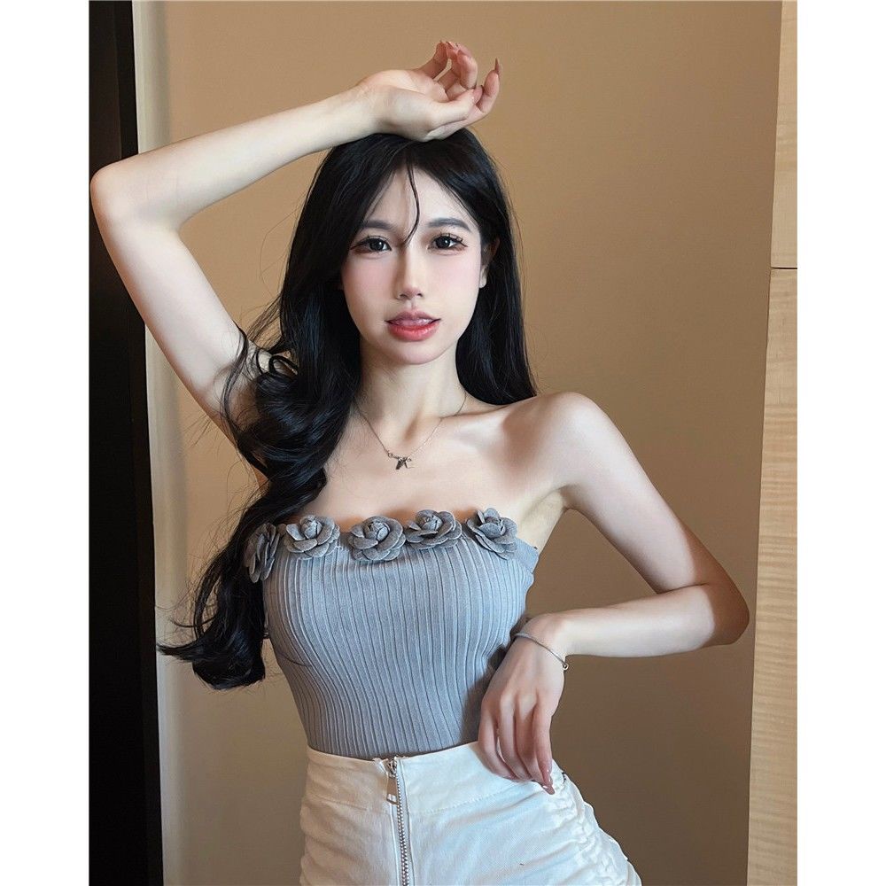 Three-dimensional rose pollen brassiere blouse women wear summer 2022 new style self-cultivation French sweet and spicy short breast wrapping style