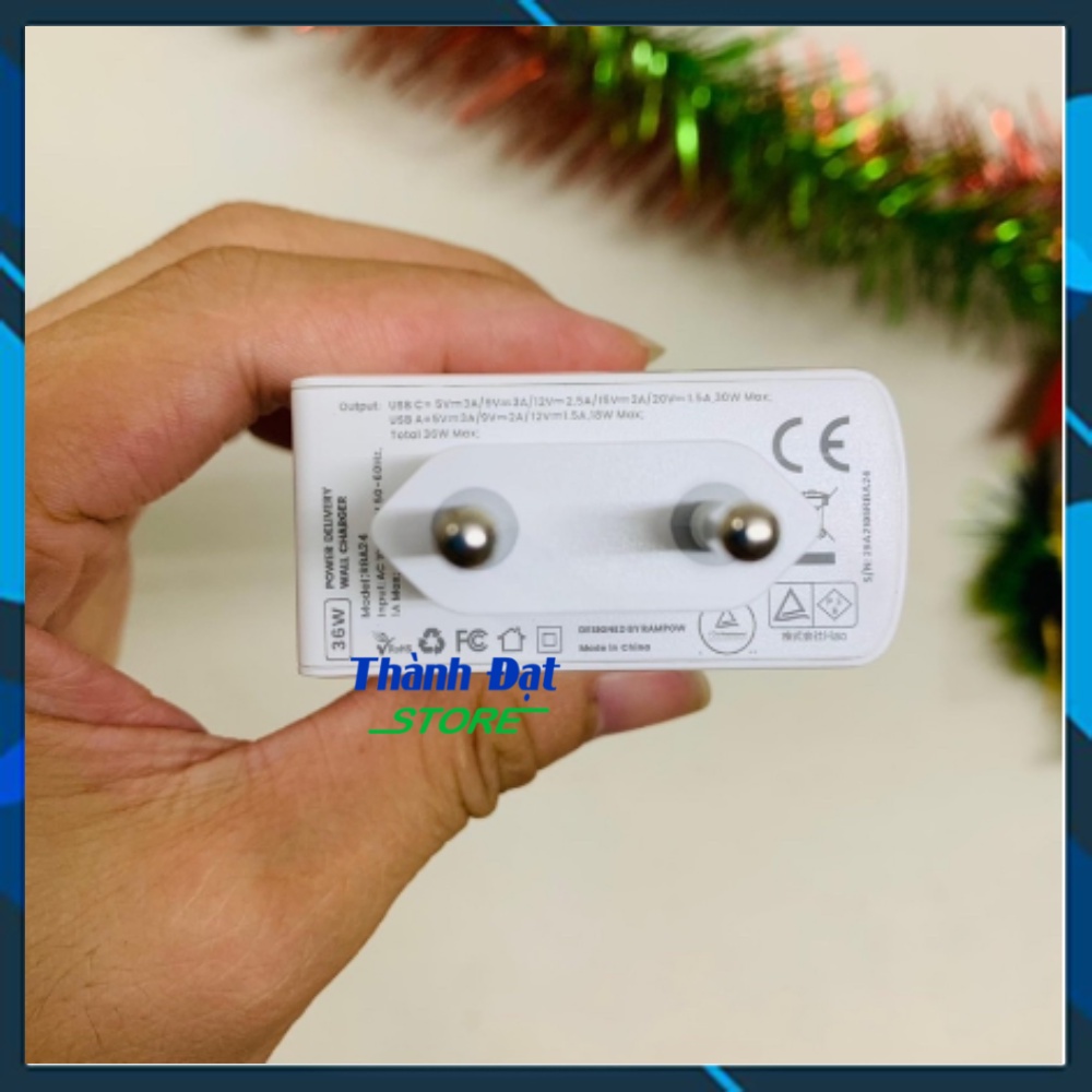 Củ sạc nhanh Rampow 36W 2 cổng sạc hỗ trợ sạc điện thoại, máy tính bảng ,Cốc sạc nhanh RAMPOW zin
