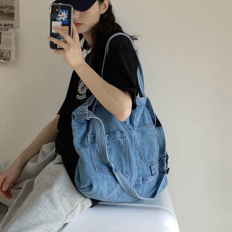 Túi Xách Đeo Vai Vải Denim Cỡ Lớn Có Khóa Kéo Phong Cách Hàn Quốc Cho Nữ
