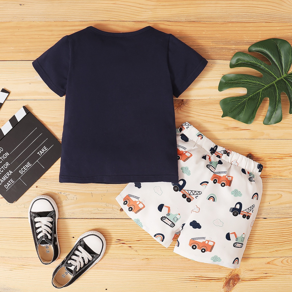 Bộ đồ thể thao Mikrdoo 2 món gồm áo tay ngắn phối họa tiết xe và quần short thời trang hè cho bé trai từ 1-6 tuổi