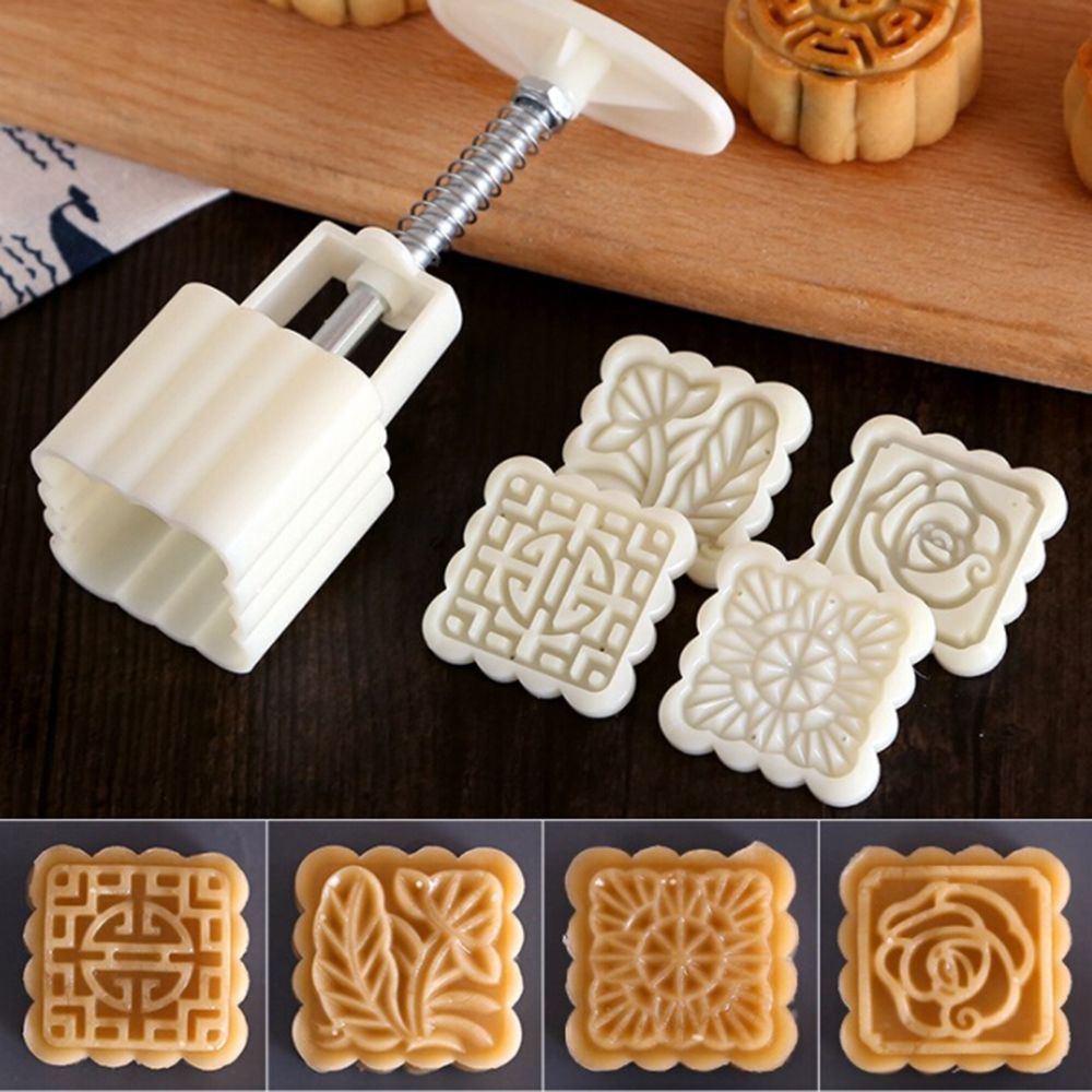 Set Khuôn Nhấn Tay Và 4 Mặt In Làm Bánh Trung Thu / Bánh Trung Thu Hình Vuông Nhiều Màu