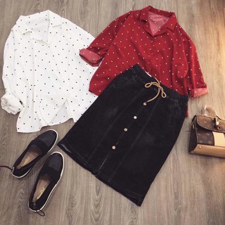 Áo sơ mi chấm bi đỏ/trắng vintage CỰC XINH