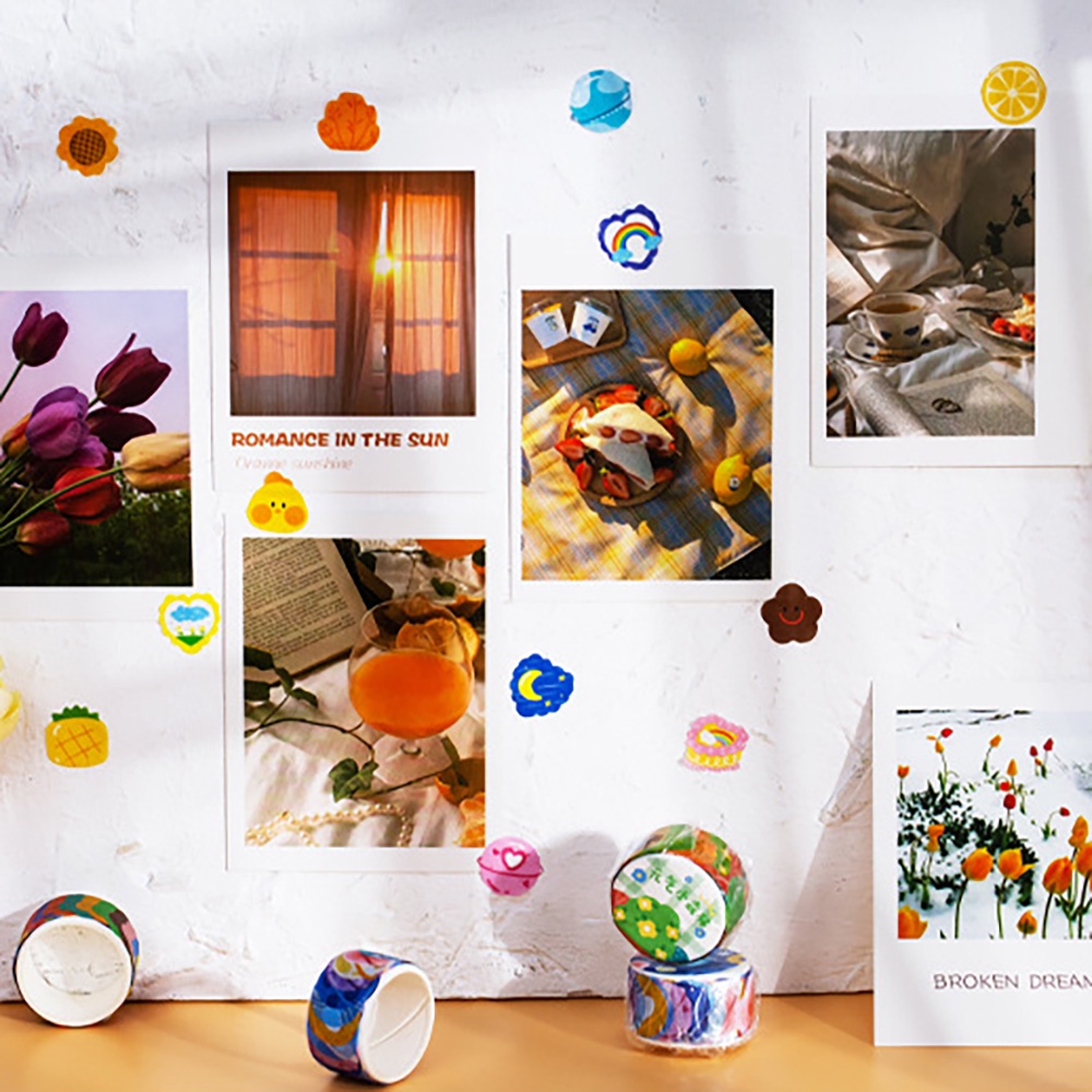 Cuộn 100 Miếng Dán Washi Nhiều Màu Sắc Họa Tiết Hoạt Hình Trang Trí Sổ Tay DIY