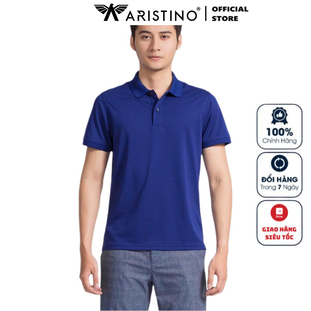 Áo Thun Nam Tay Ngắn Có Cổ Aristino APS035S9 Màu Xanh Tím Than 50 Kẻ Jacquard Dáng Regular Fit Vải Polyester