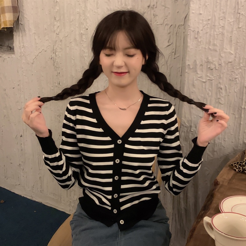 IELGY    Áo cardigan Dệt Kim Tay Dài Cổ Chữ V Dáng Rộng Kẻ Sọc Thời Trang Cho Nữ