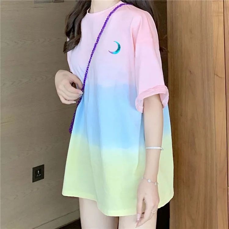 2022 Áo Thun Tay Ngắn Dáng Rộng Màu Cầu Vồng Phong Cách Harajuku Hàn Quốc Mới Cho Nữ