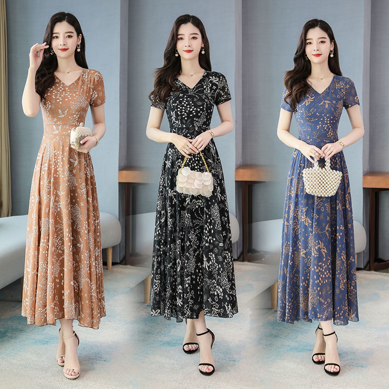 Váy đầm hoa nữ 2021 mới cho người trung niên và già thời trang ngắn tay plus size slim-fit áo dài tính khí <