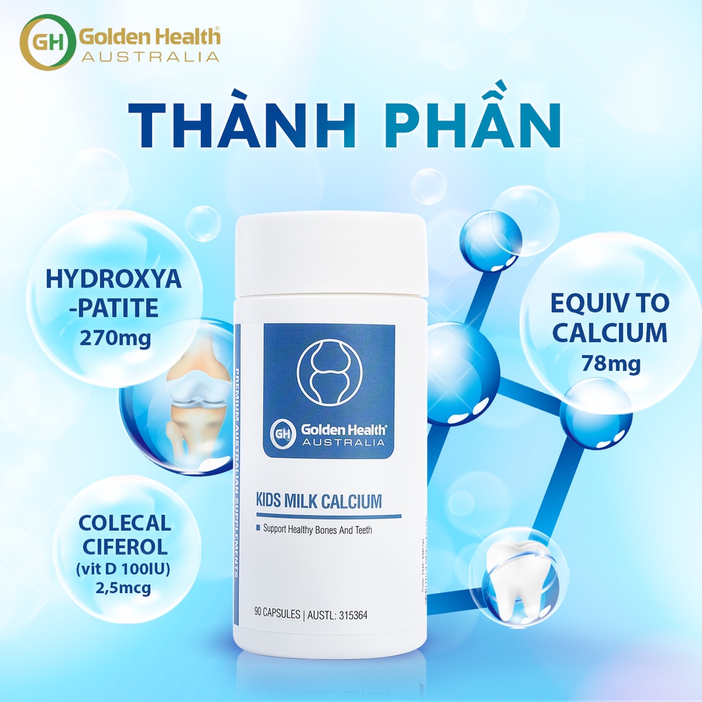 [GOLDEN HEALTH] Viên uống hỗ trợ chắc xương và phát triển chiều cao cho trẻ Golden Health Kids Milk Calcium (90 viên)