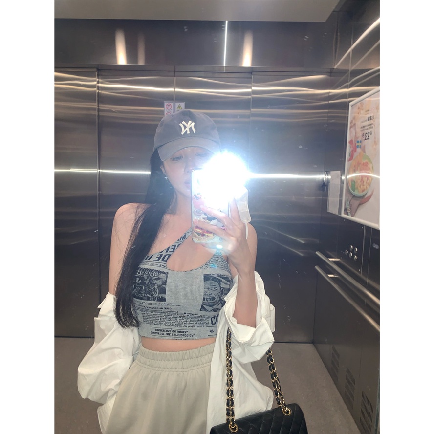 Cocory vn Áo Hai Dây Croptop In Họa Tiết Tờ Báo Thời Trang Quyến Rũ Cho Nữ