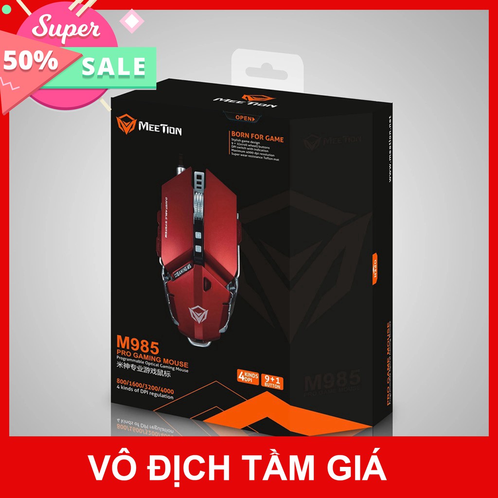 Chuột Gaming Meetion MT985 - Hàng siêu cấp - Màu đỏ và xám đen - Độ bền 50 triệu lượt click - Bảo hành 12 tháng