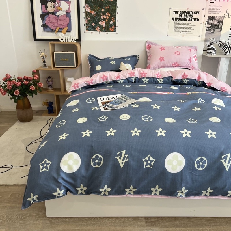 Bộ chăn ga gối cotton poly - Mẫu lv xanh mix hồng
