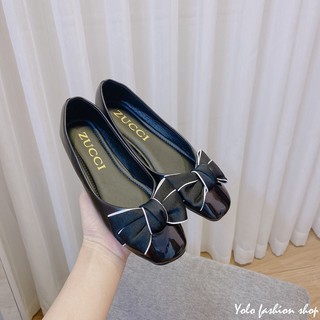 Giày bệt búp bê nữ mũi vuông đính nơ xinh xắn da mềm êm chân - B21