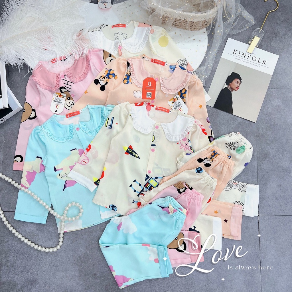 Bộ Ngủ Pijama Lụa Mango  Dài Tay cổ bèo cho bé gái